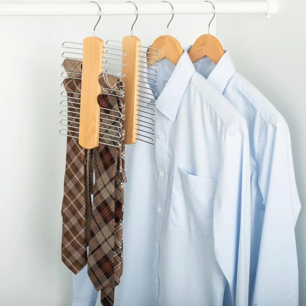 Wooden Tie Hanger & Belt Rack - Natural, 2-Pack Organizer New